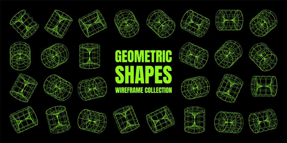 Wireframe lined shapes. Perspective mesh, 3d grid. Low poly geometric elements 스톡 일러스트