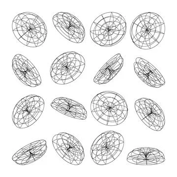 Wireframe lined shapes. Perspective mesh, 3d grid. Low poly geometric elements Stock Illustration