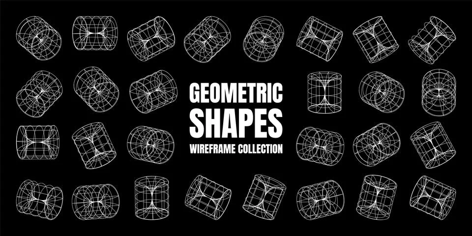 Wireframe lined shapes. Perspective mesh, 3d grid. Low poly geometric elements 스톡 일러스트