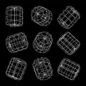 Wireframe lined shapes. Perspective mesh, 3d grid. Low poly geometric elements 스톡 일러스트