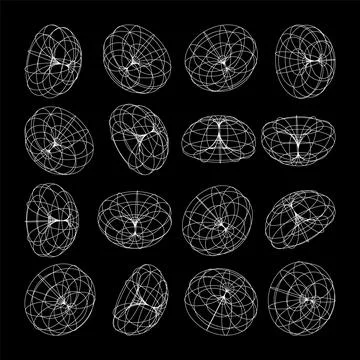 Wireframe lined shapes. Perspective mesh, 3d grid. Low poly geometric elements Illustrazione stock