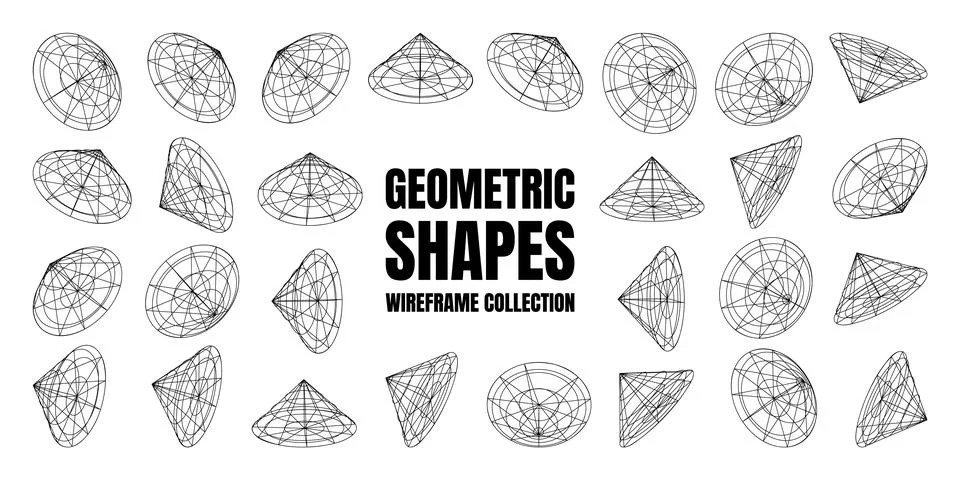 Wireframe lined shapes. Perspective mesh, 3d grid. Low poly geometric elements Stock Illustration