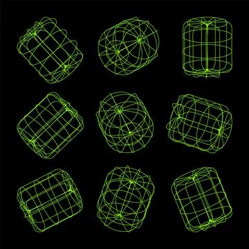 Wireframe lined shapes. Perspective mesh, 3d grid. Low poly geometric elements Stock Illustration