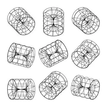 Wireframe lined shapes. Perspective mesh, 3d grid. Low poly geometric elements Stock Illustration