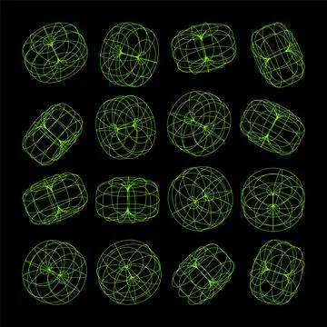 Wireframe lined shapes. Perspective mesh, 3d grid. Low poly geometric elements Stock Illustration