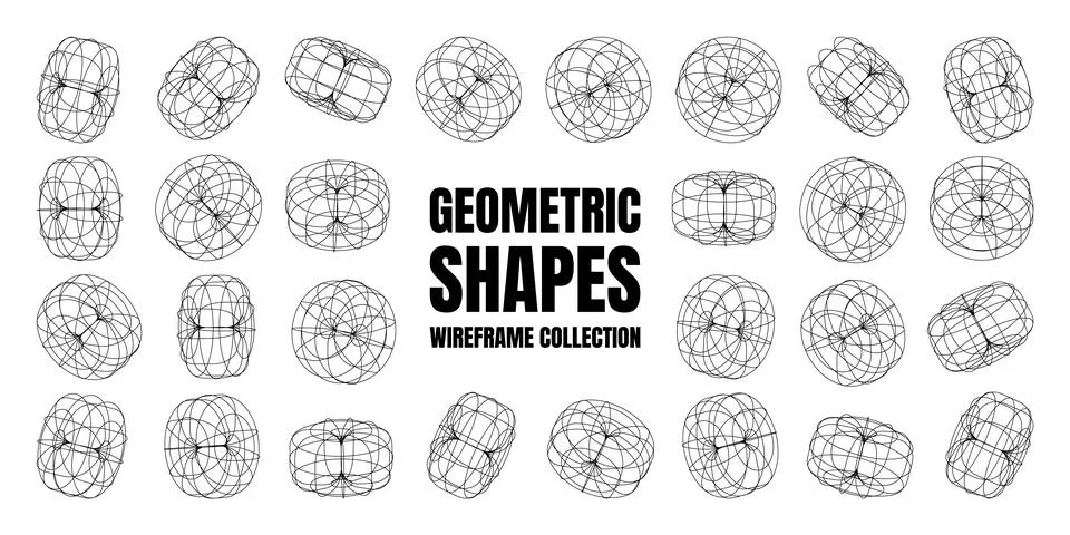 Wireframe lined shapes. Perspective mesh, 3d grid. Low poly geometric elements Stock Illustration