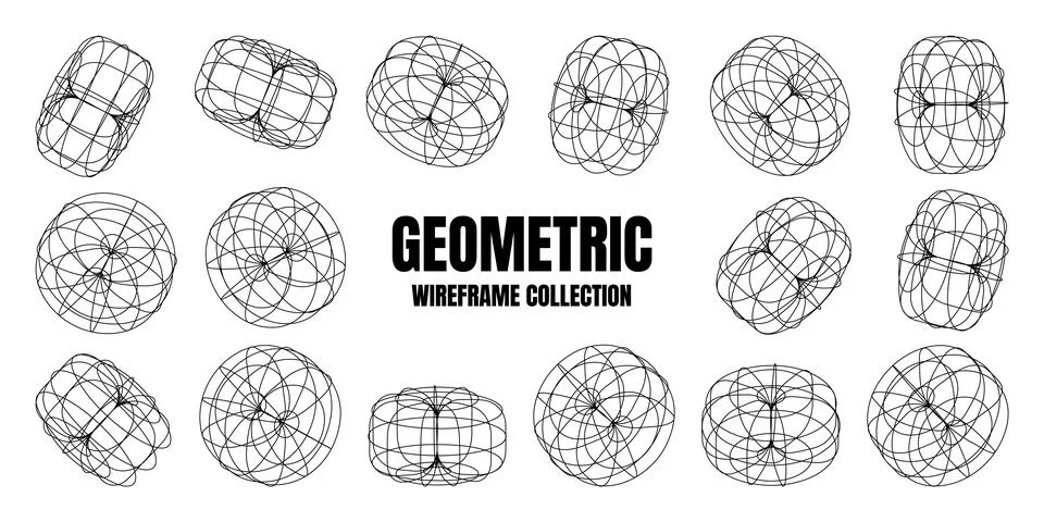 Wireframe lined shapes. Perspective mesh, 3d grid. Low poly geometric elements Stock Illustration