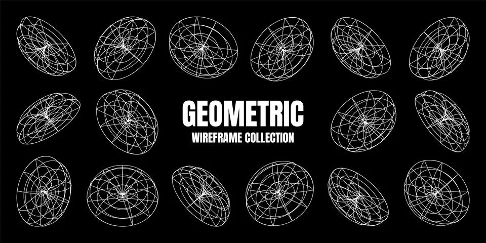 Wireframe lined shapes. Perspective mesh, 3d grid. Low poly geometric elements Stock Illustration