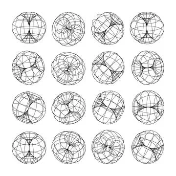 Wireframe lined shapes. Perspective mesh, 3d grid. Low poly geometric elements 스톡 일러스트