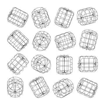 Wireframe lined shapes. Perspective mesh, 3d grid. Low poly geometric elements Stock Illustration