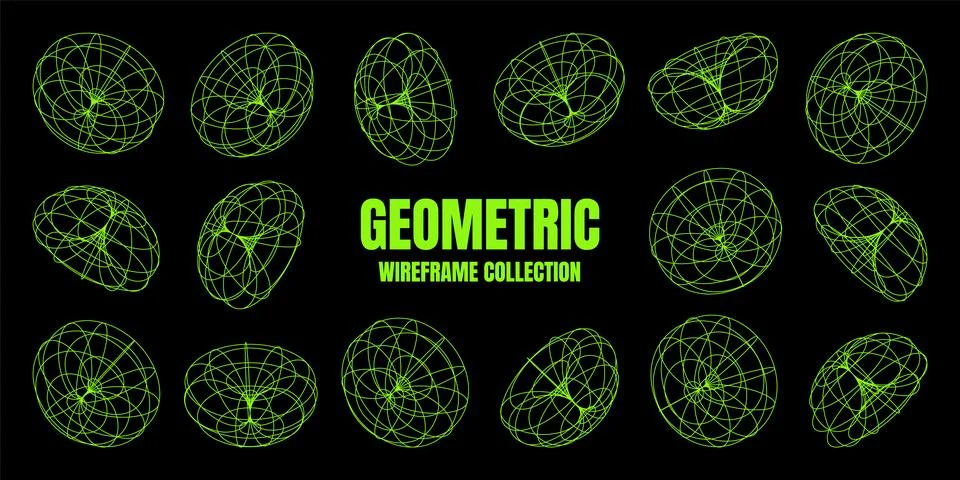 Wireframe lined shapes. Perspective mesh, 3d grid. Low poly geometric elements Stock Illustration
