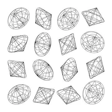 Wireframe lined shapes. Perspective mesh, 3d grid. Low poly geometric elements 스톡 일러스트