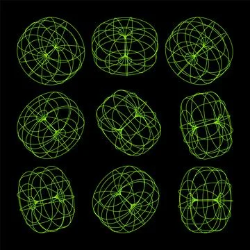 Wireframe lined shapes. Perspective mesh, 3d grid. Low poly geometric elements Stock Illustration
