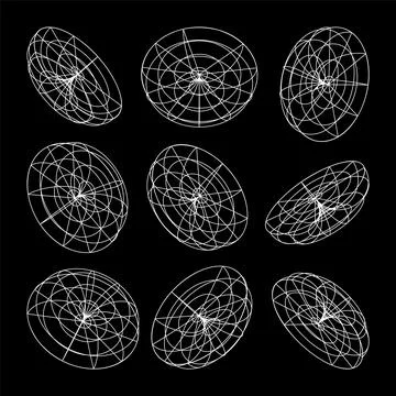 Wireframe lined shapes. Perspective mesh, 3d grid. Low poly geometric elements Illustrazione stock