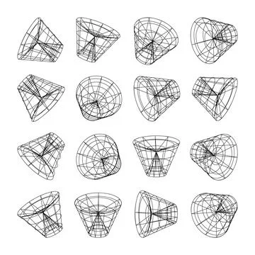 Wireframe lined shapes. Perspective mesh, 3d grid. Low poly geometric elements 스톡 일러스트