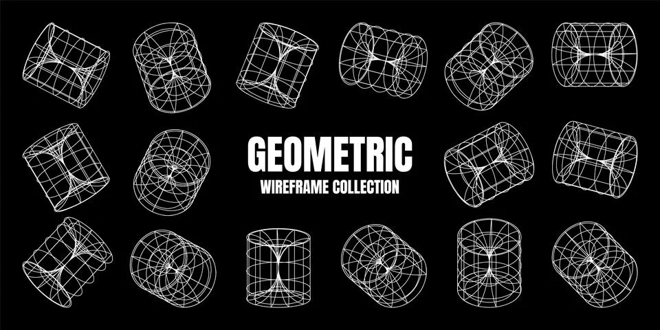 Wireframe lined shapes. Perspective mesh, 3d grid. Low poly geometric elements Stock Illustration