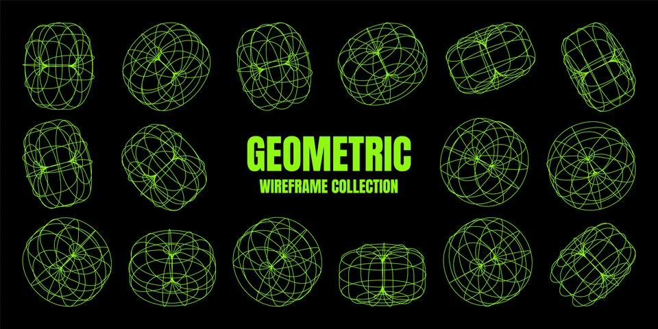 Wireframe lined shapes. Perspective mesh, 3d grid. Low poly geometric elements Stock Illustration