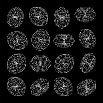 Wireframe lined shapes. Perspective mesh, 3d grid. Low poly geometric elements 스톡 일러스트