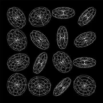 Wireframe lined shapes. Perspective mesh, 3d grid. Low poly geometric elements Stock Illustration