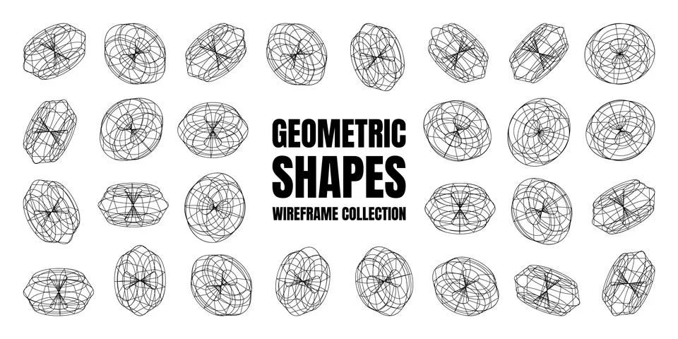 Wireframe lined shapes. Perspective mesh, 3d grid. Low poly geometric elements Stock Illustration