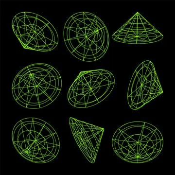Wireframe lined shapes. Perspective mesh, 3d grid. Low poly geometric elements 스톡 일러스트
