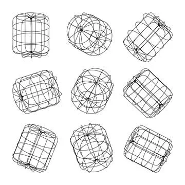 Wireframe lined shapes. Perspective mesh, 3d grid. Low poly geometric elements Stock Illustration