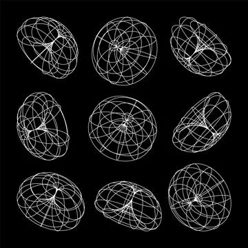 Wireframe lined shapes. Perspective mesh, 3d grid. Low poly geometric elements 스톡 일러스트