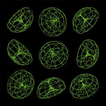 Wireframe lined shapes. Perspective mesh, 3d grid. Low poly geometric elements 스톡 일러스트