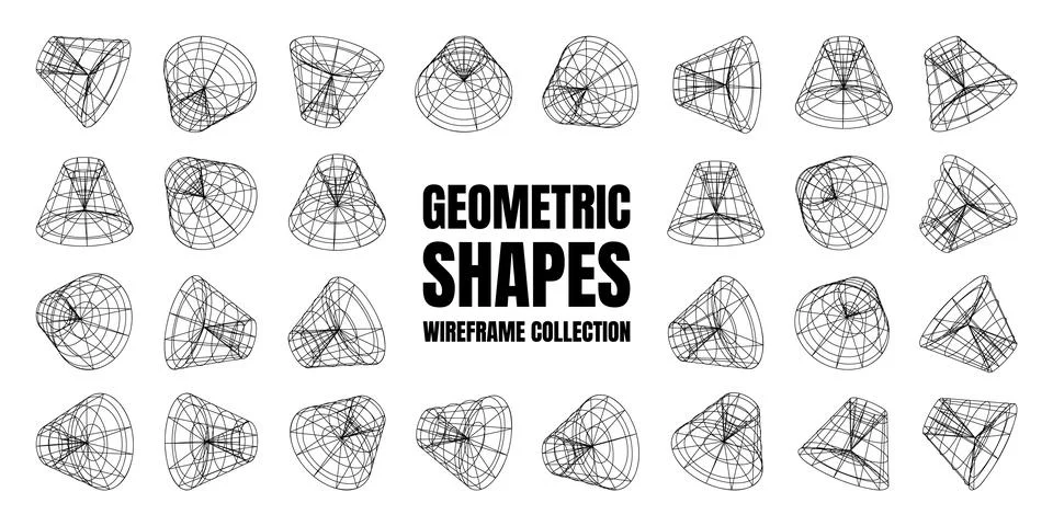 Wireframe lined shapes. Perspective mesh, 3d grid. Low poly geometric elements Stock Illustration
