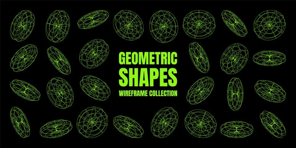 Wireframe lined shapes. Perspective mesh, 3d grid. Low poly geometric elements Stock Illustration