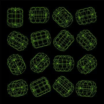 Wireframe lined shapes. Perspective mesh, 3d grid. Low poly geometric elements 스톡 일러스트