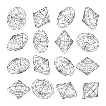 Wireframe lined shapes. Perspective mesh, 3d grid. Low poly geometric elements Stock Illustration