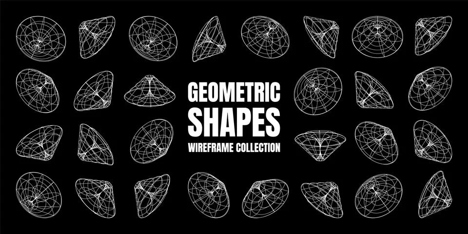 Wireframe lined shapes. Perspective mesh, 3d grid. Low poly geometric elements 스톡 일러스트