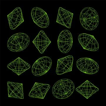 Wireframe lined shapes. Perspective mesh, 3d grid. Low poly geometric elements Stock Illustration