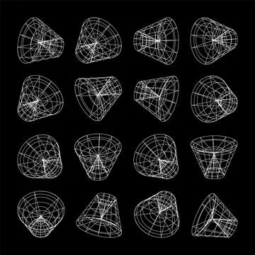 Wireframe lined shapes. Perspective mesh, 3d grid. Low poly geometric elements Stock Illustration