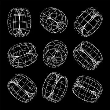 Wireframe lined shapes. Perspective mesh, 3d grid. Low poly geometric elements イラスト素材