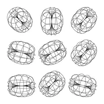 Wireframe lined shapes. Perspective mesh, 3d grid. Low poly geometric elements Illustrazione stock