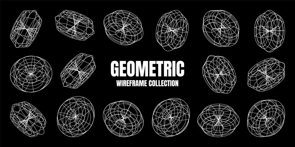Wireframe lined shapes. Perspective mesh, 3d grid. Low poly geometric elements Stock Illustration
