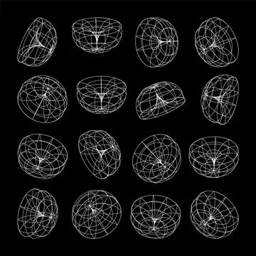 Wireframe lined shapes. Perspective mesh, 3d grid. Low poly geometric elements Stock Illustration