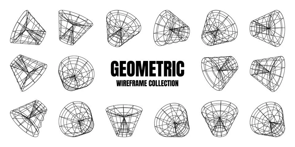 Wireframe lined shapes. Perspective mesh, 3d grid. Low poly geometric elements Illustrazione stock