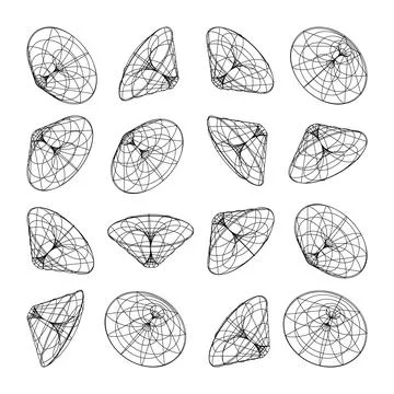 Wireframe lined shapes. Perspective mesh, 3d grid. Low poly geometric elements Stock Illustration