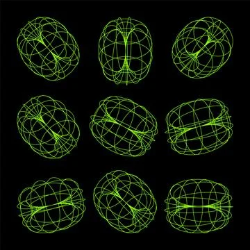 Wireframe lined shapes. Perspective mesh, 3d grid. Low poly geometric elements Illustrazione stock