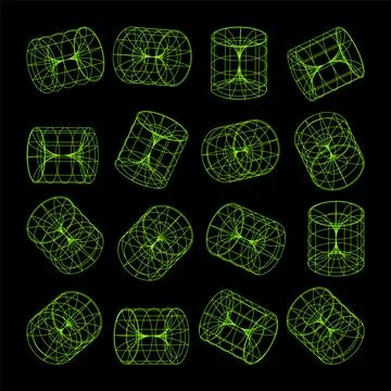Wireframe lined shapes. Perspective mesh, 3d grid. Low poly geometric elements Stock Illustration