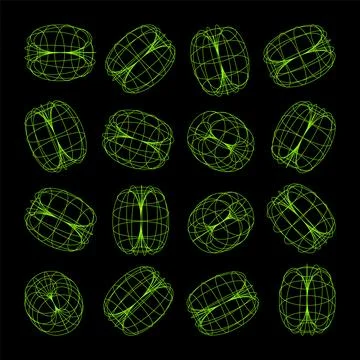 Wireframe lined shapes. Perspective mesh, 3d grid. Low poly geometric elements Illustrazione stock