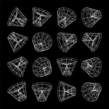 Wireframe lined shapes. Perspective mesh, 3d grid. Low poly geometric elements Stock Illustration