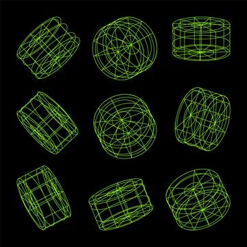 Wireframe lined shapes. Perspective mesh, 3d grid. Low poly geometric elements Stock Illustration