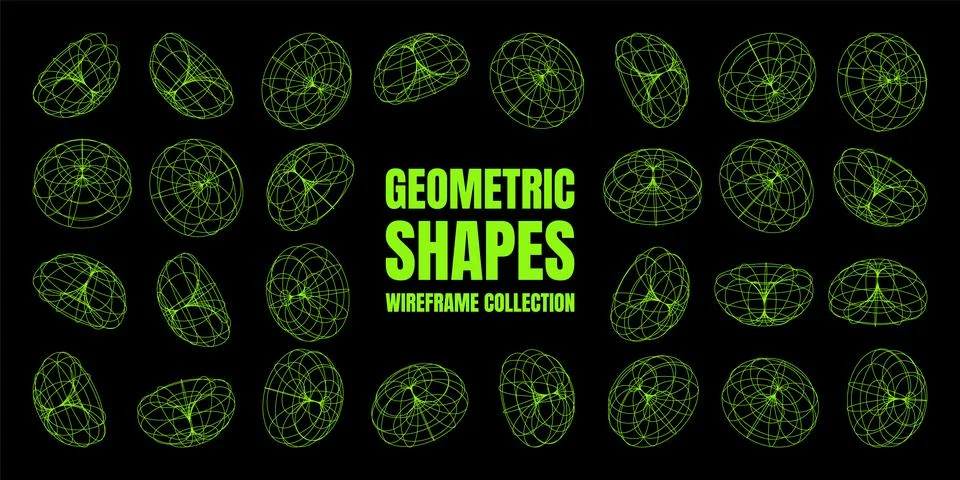 Wireframe lined shapes. Perspective mesh, 3d grid. Low poly geometric elements Illustrazione stock
