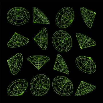 Wireframe lined shapes. Perspective mesh, 3d grid. Low poly geometric elements 스톡 일러스트