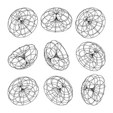 Wireframe lined shapes. Perspective mesh, 3d grid. Low poly geometric elements Illustrazione stock