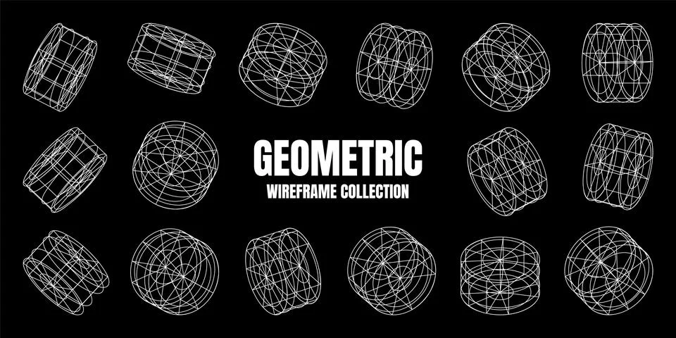 Wireframe lined shapes. Perspective mesh, 3d grid. Low poly geometric elements Stock Illustration